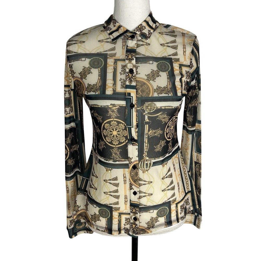 Guess Womens Bronw Multi-Color Printed Long Sleeve Button Down Shirt Size M